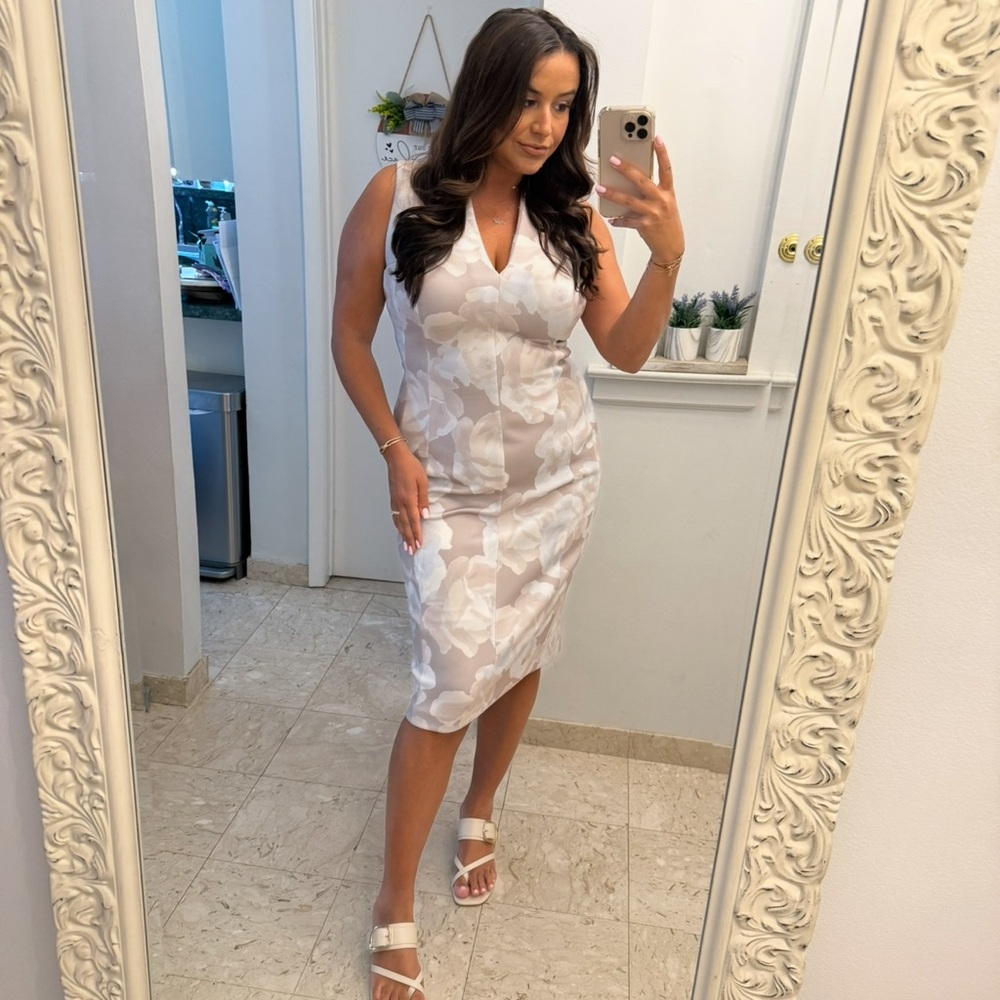 Calvin Klein Cream Sheath Midi Dress V-Neck Sleeveless